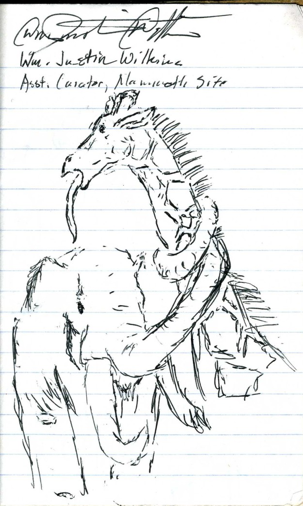 A wooly mammoth choking to death a giraffe drawn by William Wilkins from the Hot Springs mammoth excavation site in South Dakota